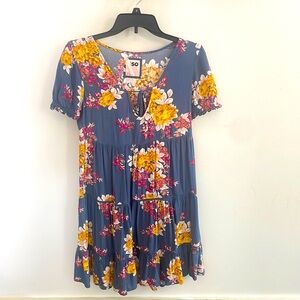 Kohl’s dress blue with yellow and pink flowers, says xs but it’s more m